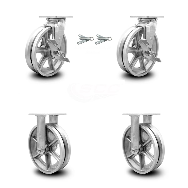 Service Caster 8 Inch V Groove Semi Steel Caster Set with 2 Brakes/Swivel Lock 2 Rigid SCC SCC-30CS820-VGR-TLB-BSL-2-R-2 - main